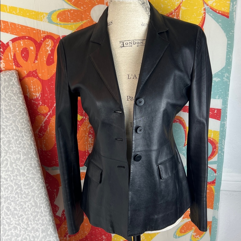 Armani Collezioni Black Jacket Calf Soft Leather Blazer Sz. 4 Fitted Button UP